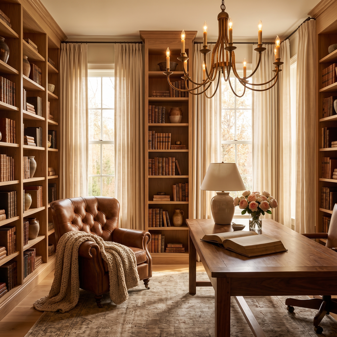 Warm home library with a brass chandelier