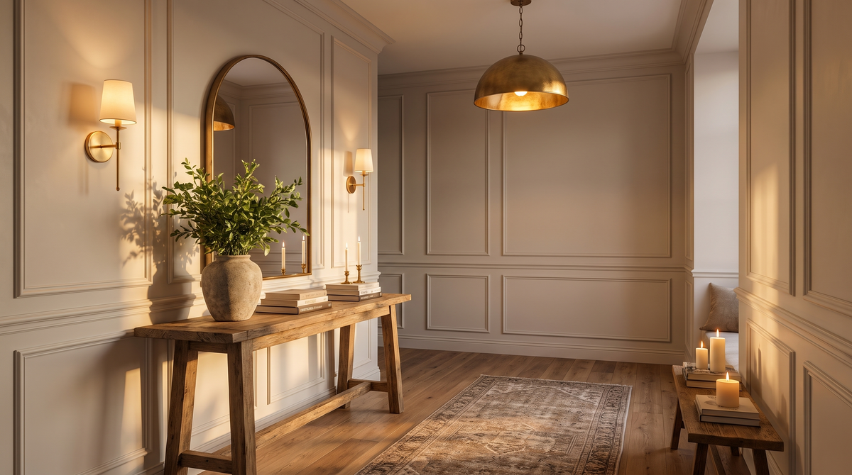 Paneled entry hall with brass sconces and a pendant light at golden hour
