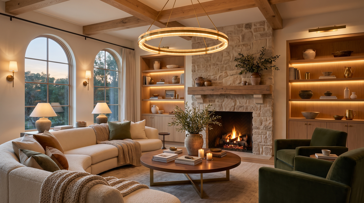 Cozy living room with a glowing ring chandelier and stone fireplace