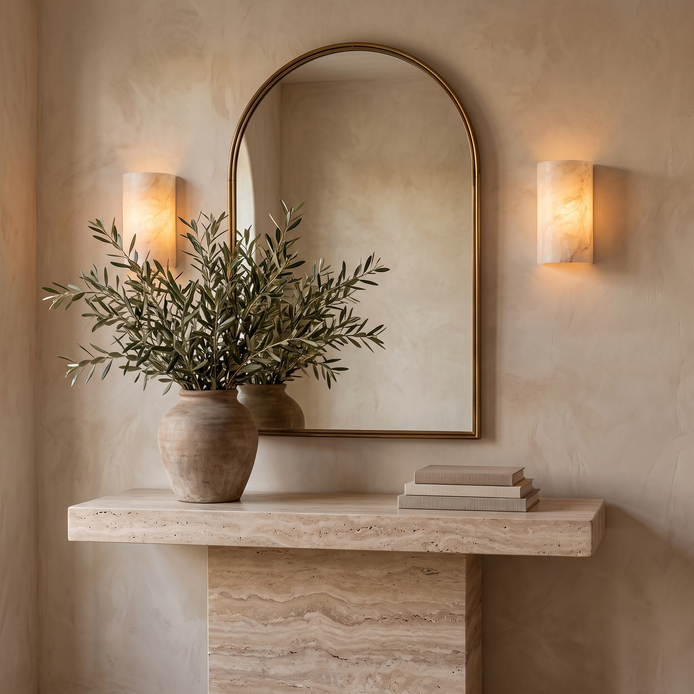 Travertine console with alabaster wall sconces