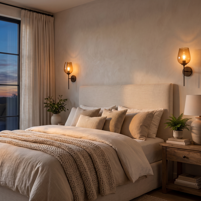 Bedroom with warm glass wall sconces above a linen headboard