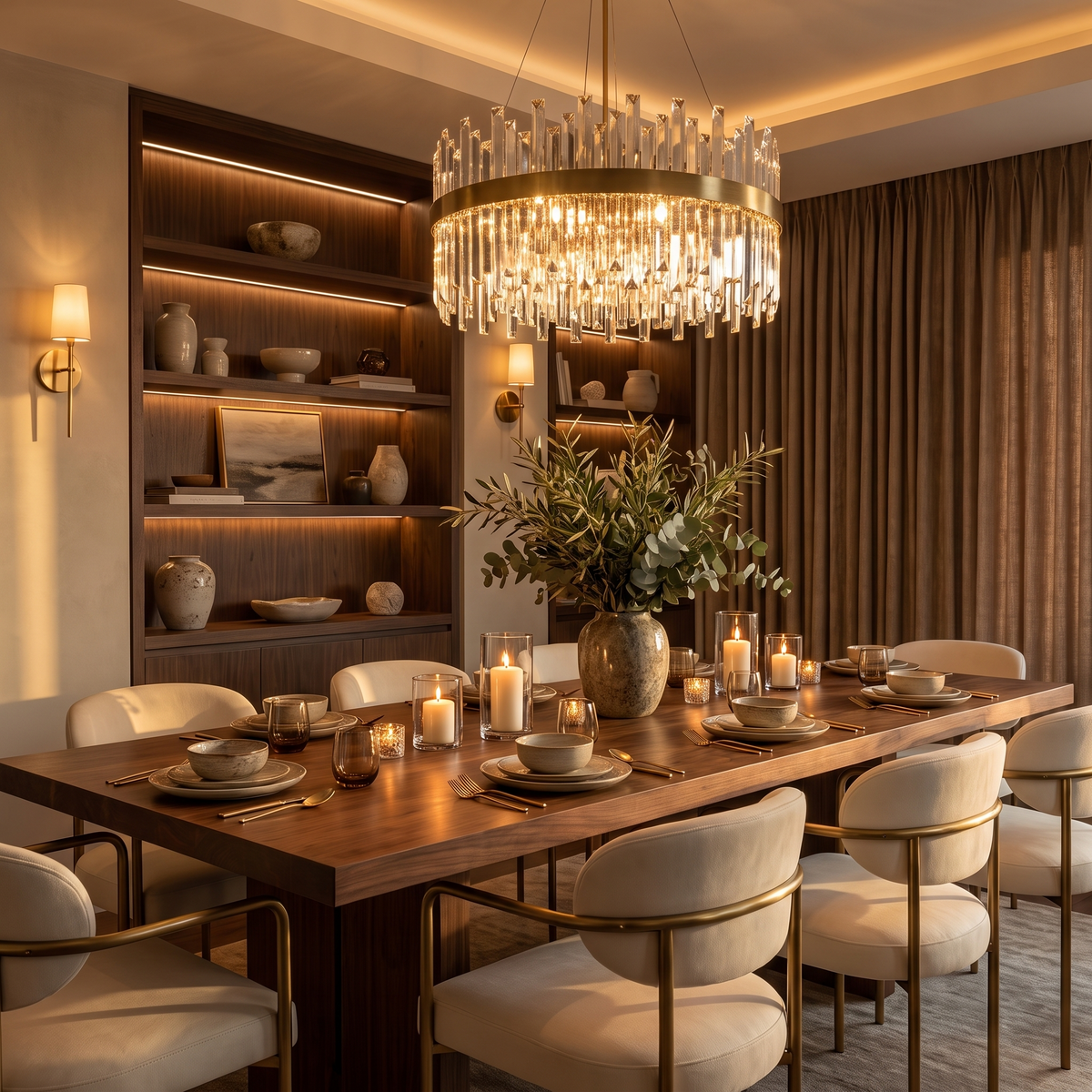 Crystal chandelier glowing above a walnut dining table