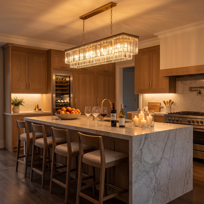 Linear crystal chandelier glowing above a marble kitchen island