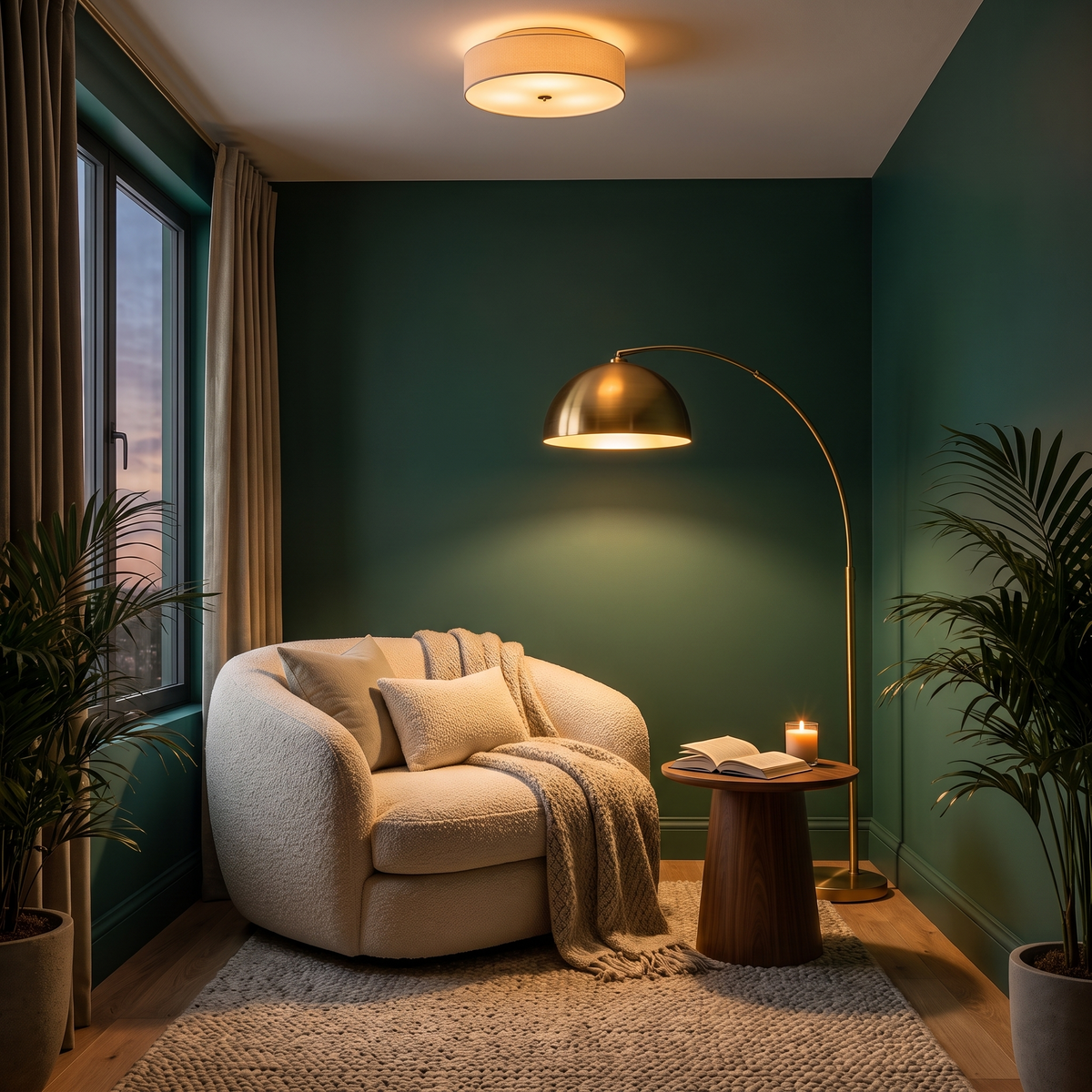 Jade green reading nook with a brass arc floor lamp