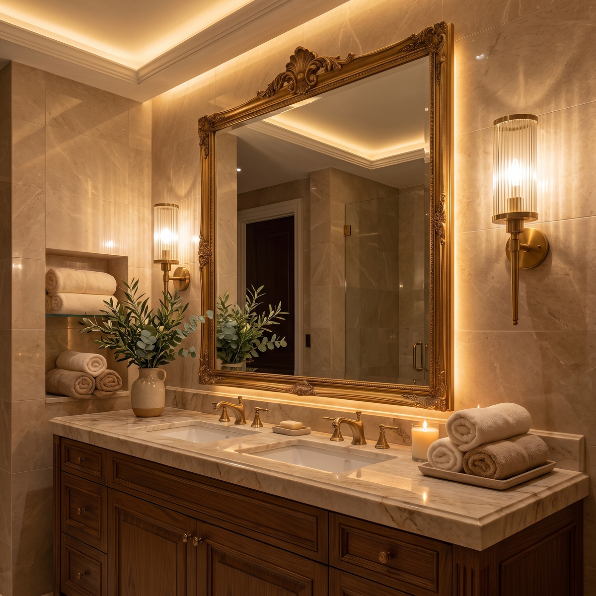 Marble bathroom vanity lit by brass and glass wall sconces